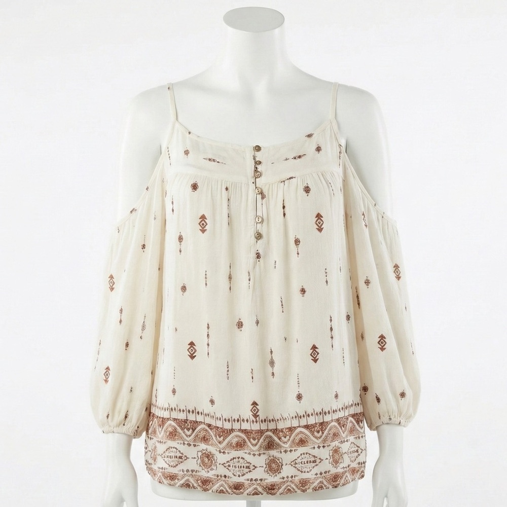 Charming Charlie Bohemian White and Brown Geometric Aztec Southwestern Blouse